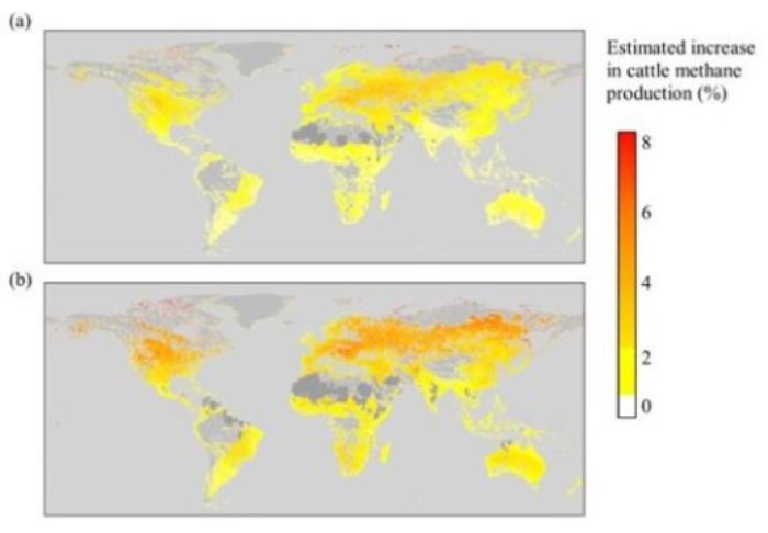 Regions in light grey are currently unsuitable for ruminant livestock, and regions beyond the range of the dataset are shaded dark grey.