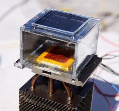 This is the water harvester built at MIT with MOFs from UC Berkeley. Using only sunlight, the harvester can pull liters of water from low-humidity air over a 12-hour period.