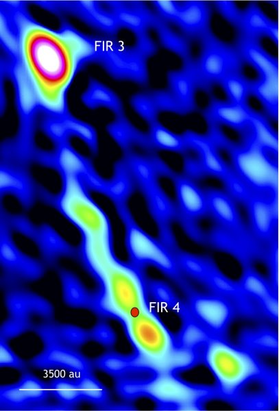 Protostar FIR 3 (HOPS 370) with outflow that may have triggered the formation of younger protostar FIR 4 (HOPS 108, location marked with red dot), in the Orion star-forming region. (au = astronomical unit, the distance from the Earth to the Sun, about 93 million miles.)