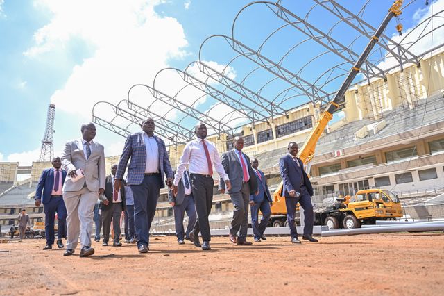 Kenya's Sports Minister Kipchumba Murkomen inspects renovation works at Kasarani Stadium.