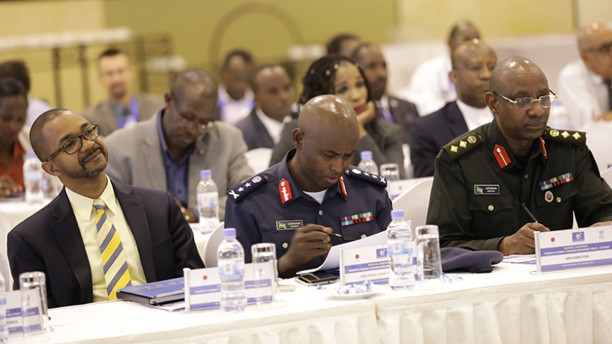 L-R: Stephen Rodrigues, the UNDP Resident Representative to Rwanda; Maj Gen Emmanuel Bayingana, the Air Force Chief of Staff, and Col. Jill Rutaremara, Director, Rwanda Peace Academy 