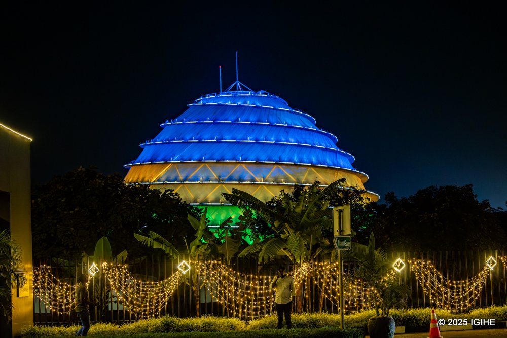 The Kigali Convention Centre and surrounding streets are glowing with seasonal lights that frame romantic evening strolls and festive selfies.