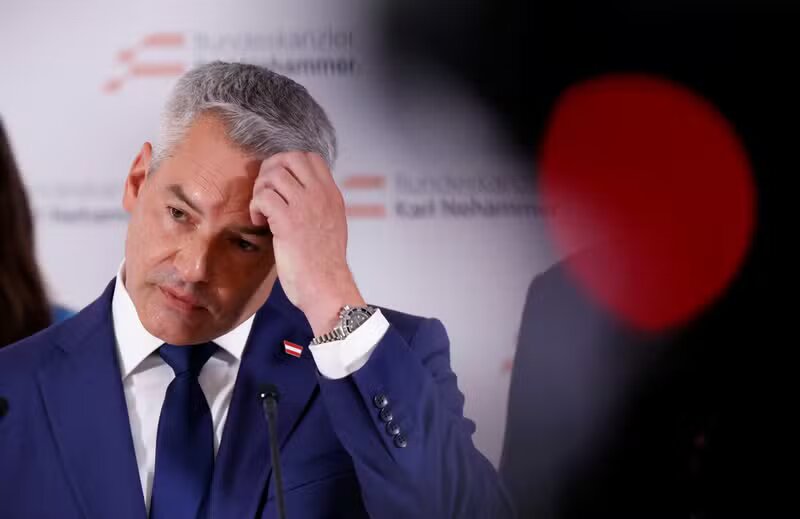 Head of Peoples Party (ÖVP) and Chancellor Karl Nehammer addresses the media during the presentation of their election program in Vienna, Austria, September 5, 2024.