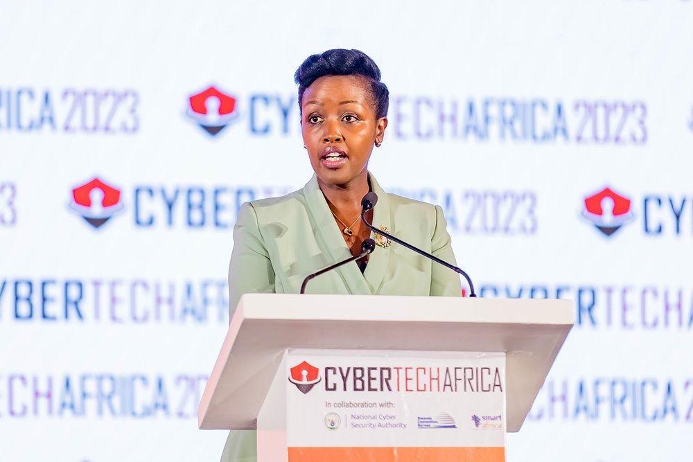 Rwanda’s Minister of ICT and Innovation delivering remarks at the opening of Cybertech Africa 2023. 