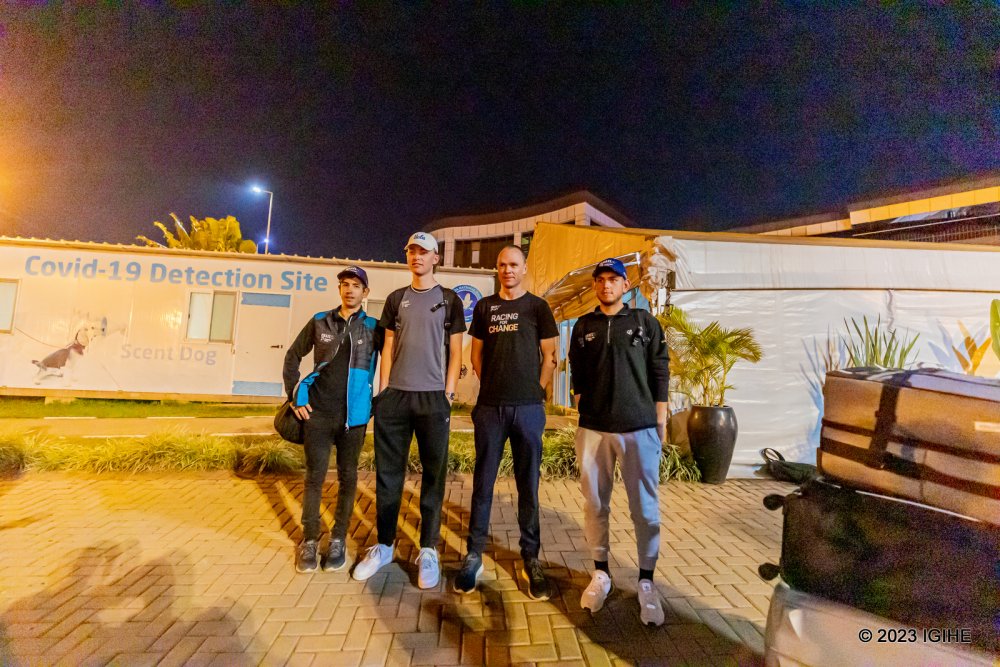 Four riders of Israel Premier Tech including Chris Froome in a group photo upon arrival in Rwanda.  