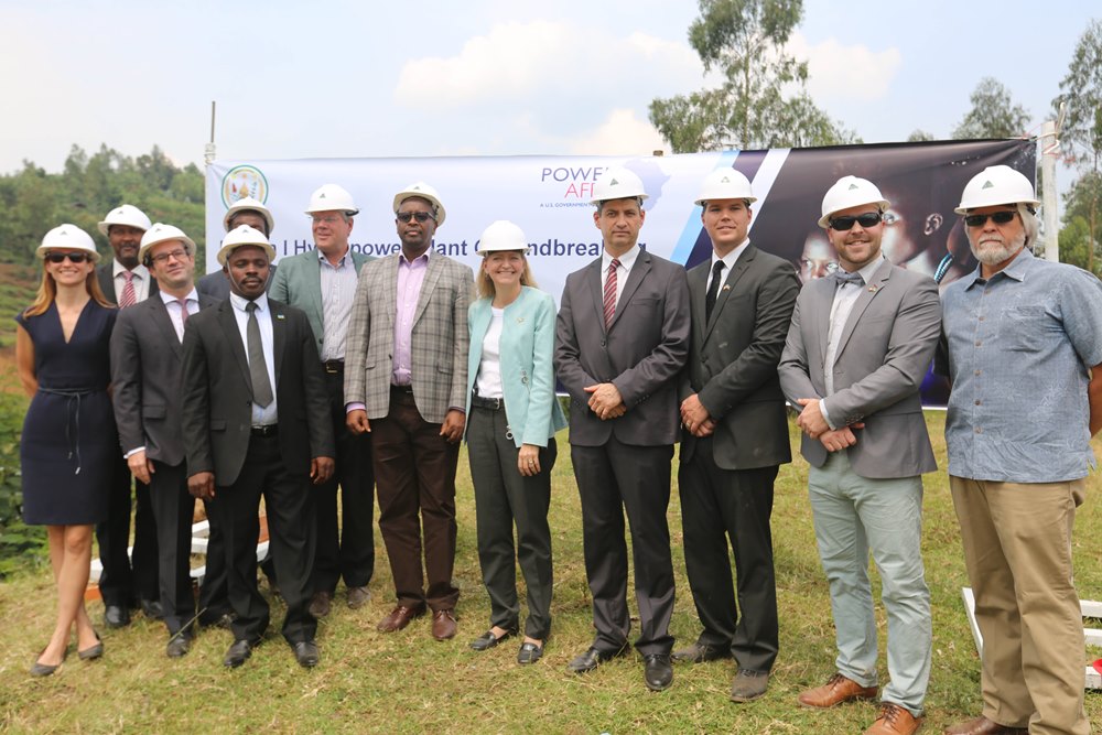The Minister of Infrastructure James Musoni, U.S. Ambassador to Rwanda Erica Barks-Ruggles, German Ambassador to Rwanda Dr. Peter Woeste and other project partners yesterday at the launch of the construction of Rwaza I hydropower plant yesterday.