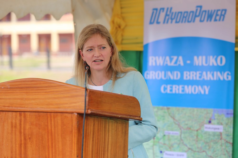 U.S. Ambassador to Rwanda Erica Barks-Ruggles giving her remarks at the launch of the construction of Rwaza I hydropower plant in Musanze district.