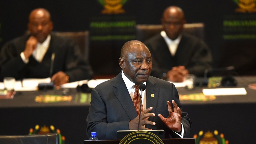 South African President Cyril Ramaphosa delivers his 2023 State of the Nation Address in Cape Town, South Africa, Feb. 9, 2023. (Photo by Xabiso Mkhabela/Xinhua)