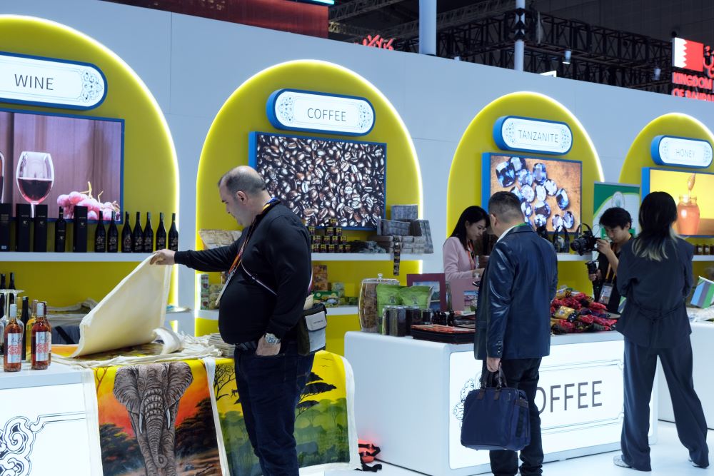 People visit the Tanzania Pavilion during the seventh China International Import Expo (CIIE) in east China's Shanghai, Nov. 5, 2024. (Photo by Zhou Xinyi/Xinhua)