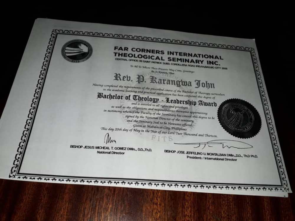 Karangwa’s bachelors degree certificate from Philippines displays another mistake that he attended the Faculty of Serminary instead of ‘Seminary’. 