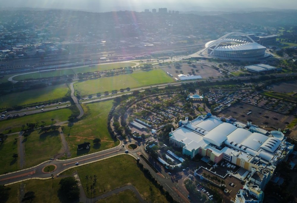 Photo taken on May 4, 2017 shows an aerial view of the Moses Mabhida Stadium in Durban, KwaZulu-Natal Province, South Africa. (Xinhua/Zhai Jianlan)