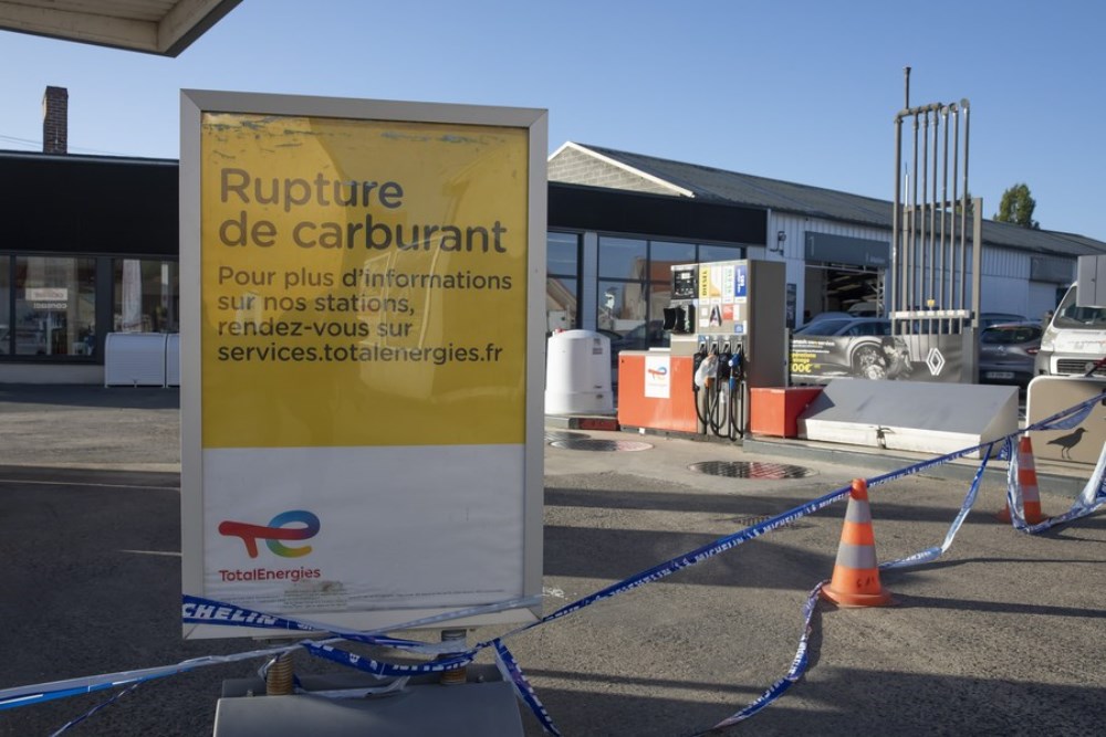 A temporarily closed TotalEnergies gas station is seen in Lestrem, France, Oct. 6, 2022. (Photo by Sebastien Courdji/Xinhua)
