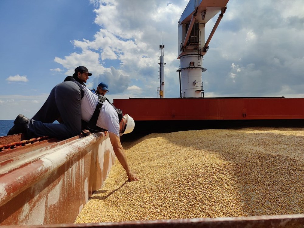 A team of representatives from the Joint Coordination Center (JCC) inspects on the first grain-laden ship leaving Ukraine on the northwestern entrance of the Bosphorus Strait in Istanbul, Türkiye, Aug. 3, 2022. (Turkish Defense Ministry/Handout via Xinhua)