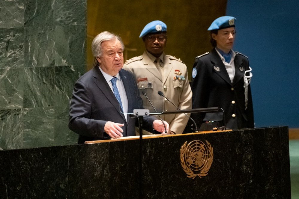 UN Secretary-General Antonio Guterres (L) addresses an event entitled "Dag Hammarskjold Medal Ceremony and Military Gender Advocate of the Year Award" at the UN headquarters in New York, on May 25, 2023. (Evan Schneider/UN Photo/Handout via Xinhua)