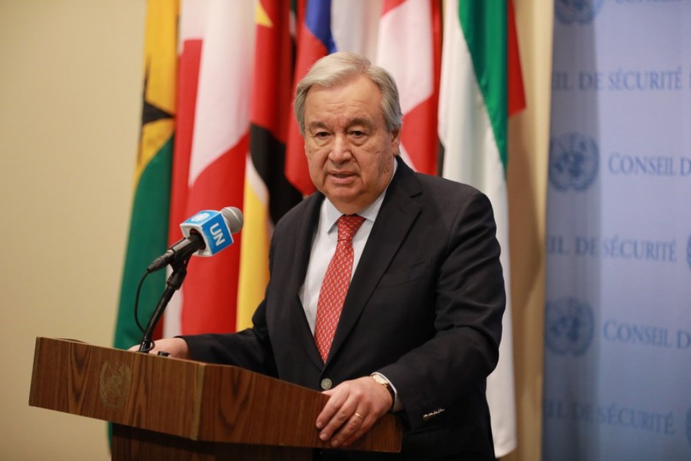 UN Secretary-General Antonio Guterres speaks to reporters outside the Security Council Chamber at the UN headquarters in New York, on July 6, 2023. (Xinhua/Xie E)