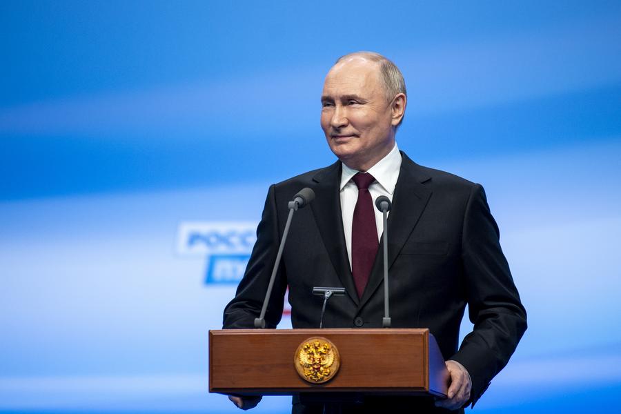 Vladimir Putin meets the press at his campaign headquarters in Moscow, Russia, March 18, 2024. (Xinhua/Cao Yang)