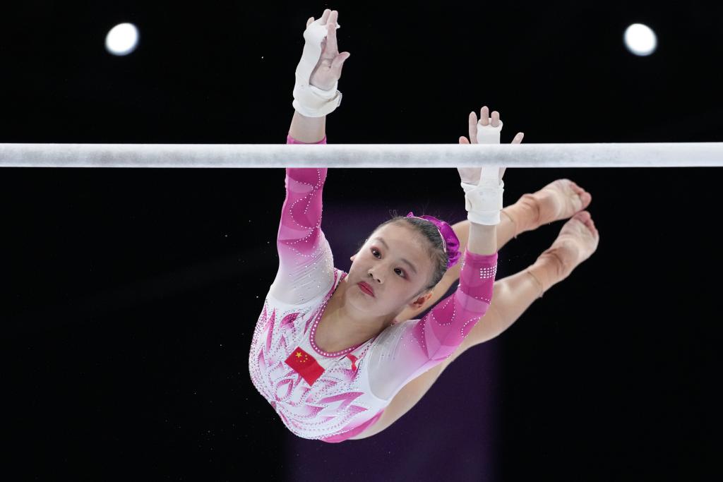 Qiu Qiyuan of China competes during the women's uneven bars final of the 2023 World Artistic Gymnastics Championships in Antwerp on October 7, 2023. (Xinhua/Zheng Huansong)