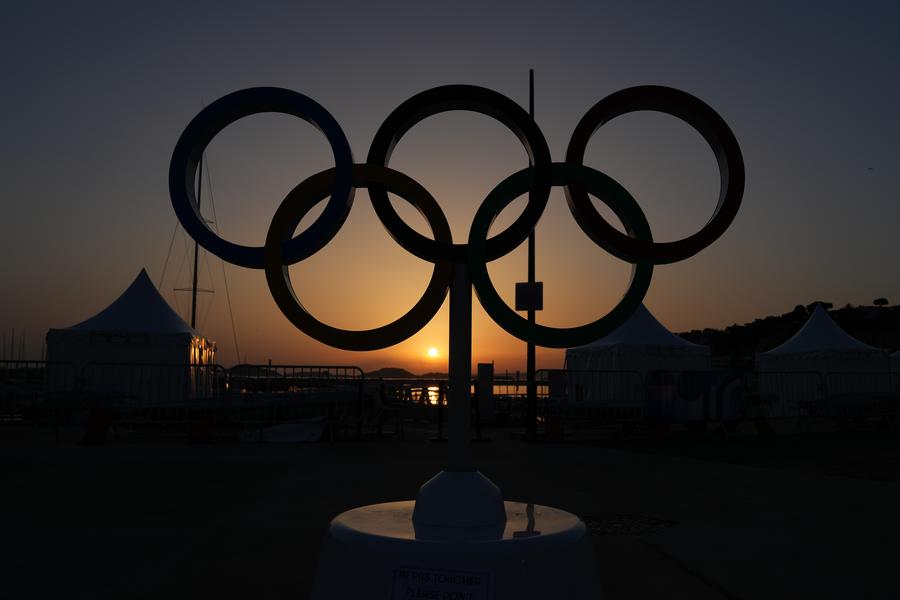 The silhouette of the Olympic Rings is seen at Marseille Marina in France on July 28, 2024. (Xinhua/Zheng Huansong)