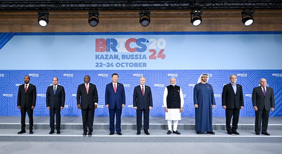 Leaders of BRICS countries pose for a group photo during the 16th BRICS Summit in Kazan, Russia, Oct. 23, 2024.