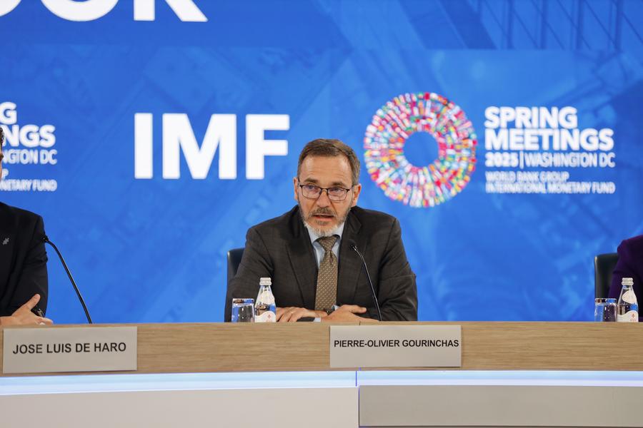 IMF Chief Economist Pierre-Olivier Gourinchas speaks at a press briefing on World Economic Outlook (WEO) in Washington, D.C., the United States, on April 22, 2025.
