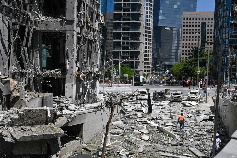 This photo taken on June 19, 2025 shows damaged buildings in Ramat Gan, Israel due to a missile fired from Iran. 