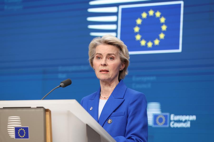 European Commission President Ursula von der Leyen speaks during a press conference after a European Council summit in Brussels, Belgium, Dec. 19, 2024.