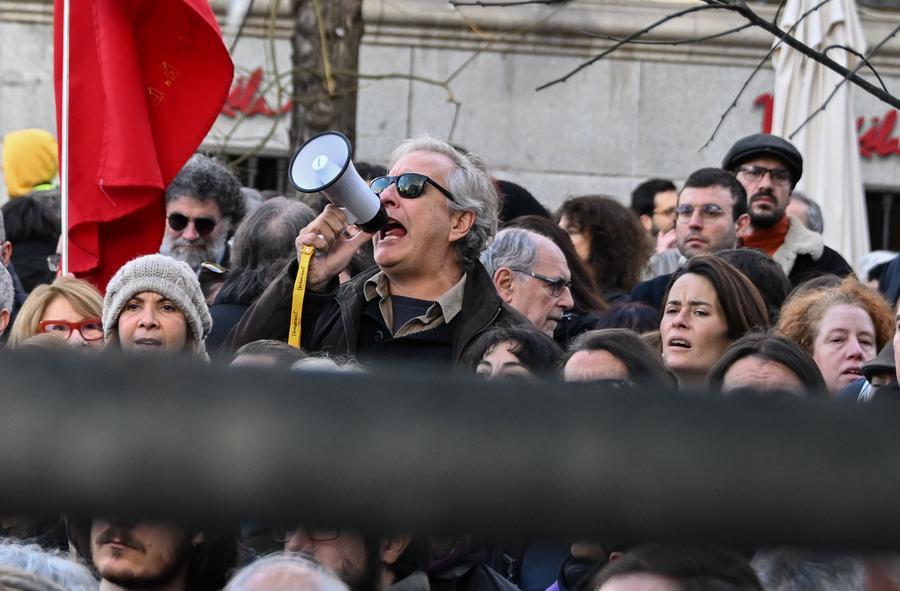 People in support of Venezuela protest outside the U.S. Embassy in Madrid, Spain, on Jan. 4, 2026.