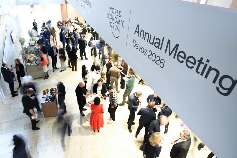 People attend the welcome reception at the 2026 annual meeting of the World Economic Forum (WEF) in Davos, Switzerland, January 19, 2026.