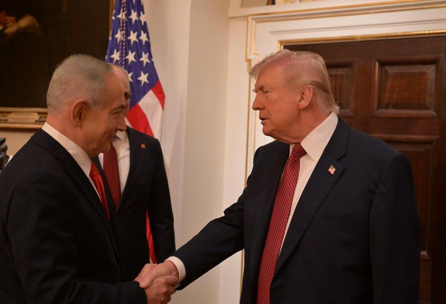 U.S. President Donald Trump (R) welcomes Israeli Prime Minister Benjamin Netanyahu at the White House in Washington, D.C., the United States, Feb. 11, 2026.