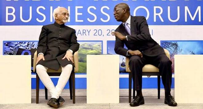 Vice-President Hamid Ansari and Rwandan PM Anastase Murekezi during a meeting in Kigali on Monday. 