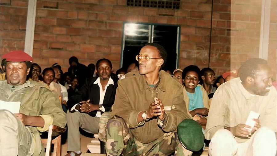 Maj Gen Paul Kagame with other RPF members including Tito Rutaremara (right). 