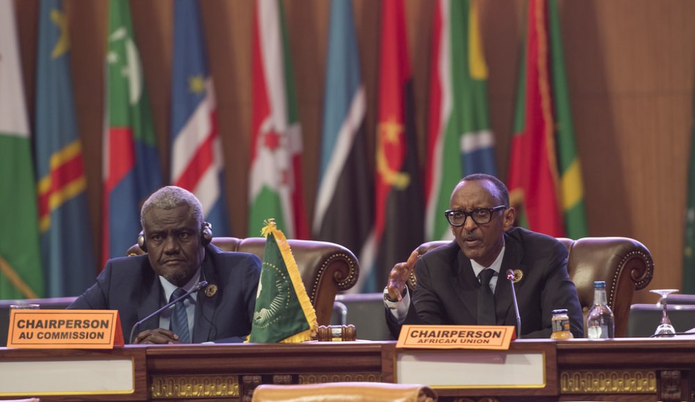 President Paul Kagame and the African Union Commission Chairperson, Moussa Faki Mahamat at the AU Summit in Nouakchott yesterday