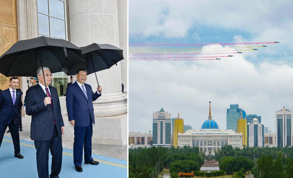 In this combo photo, six Kazakh fighter jets paint the sky with colored smoke trails of red and yellow, colors of the Chinese national flag, while flying over the Kazakh presidential palace to welcome visiting Chinese President Xi Jinping in Astana, Kazakhstan, July 3, 2024. Xi held talks with Kazakh President Kassym-Jomart Tokayev at the presidential palace in Astana on Wednesday. (Xinhua/Wang Jianhua, Yin Bogu)