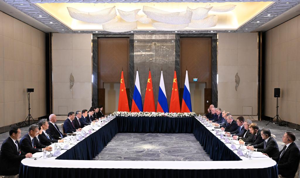 Chinese President Xi Jinping meets with Russian President Vladimir Putin ahead of the 24th Meeting of the Council of Heads of State of the Shanghai Cooperation Organization in Astana, Kazakhstan, July 3, 2024. (Xinhua/Xie Huanchi)