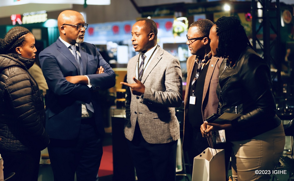 Amb. François Nkulikiyimfura and Diane Sayinzoga, Head of Special Economic Zones and Export Facilitation Department at RDB visiting stands at  Paris International Agricultural Trade Show 2023. 