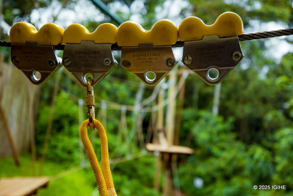 The safety harness is securely attached to an overhead rope.  
