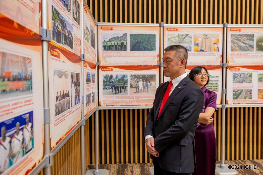 Chinese Ambassador Wang Xuekun visiting the exhibition featuring key aspects of bilateral ties between Rwanda and China.