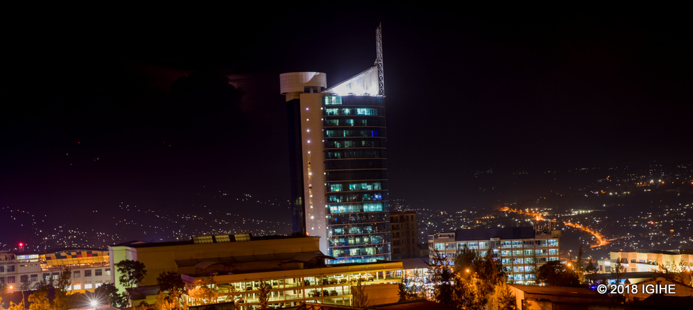 The Highest building in Rwanda; Kigali City Tower, at night.