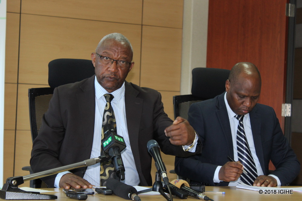 NEC Chairperson Prof. Kalisa Mbanda speaks to the media yesterday