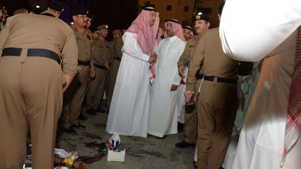 Saudi Emir of Medina Faisal bin Salman bin Abdulaziz inspects the damage following the blast