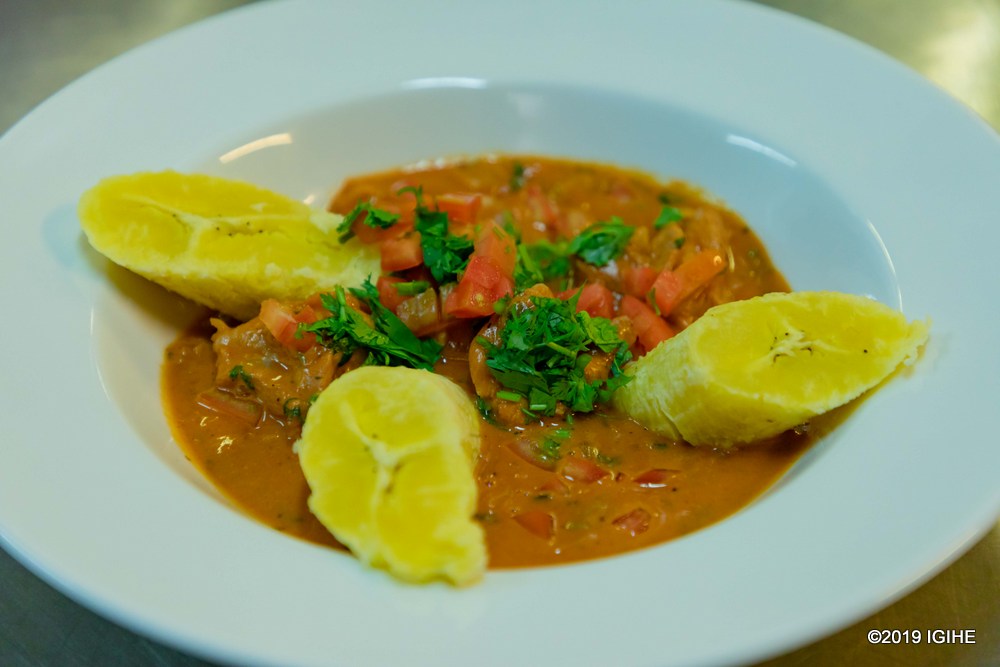 Chicken with Peanut Sauce and Matoke; Chef. Rutayisire's Signature dish