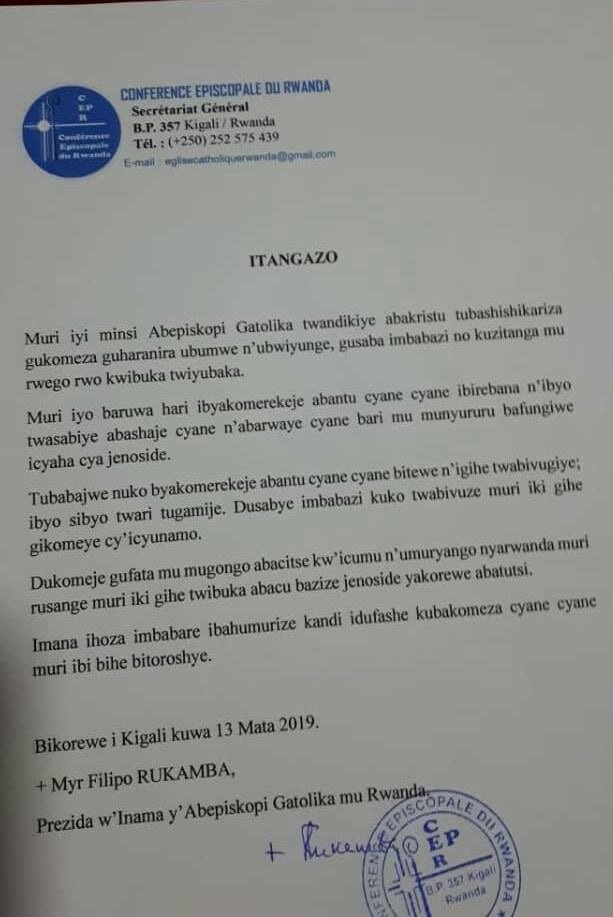 The Catholic Church has released a letter apologizing over recent message on commuting sentences for older and sick genocide convicts 