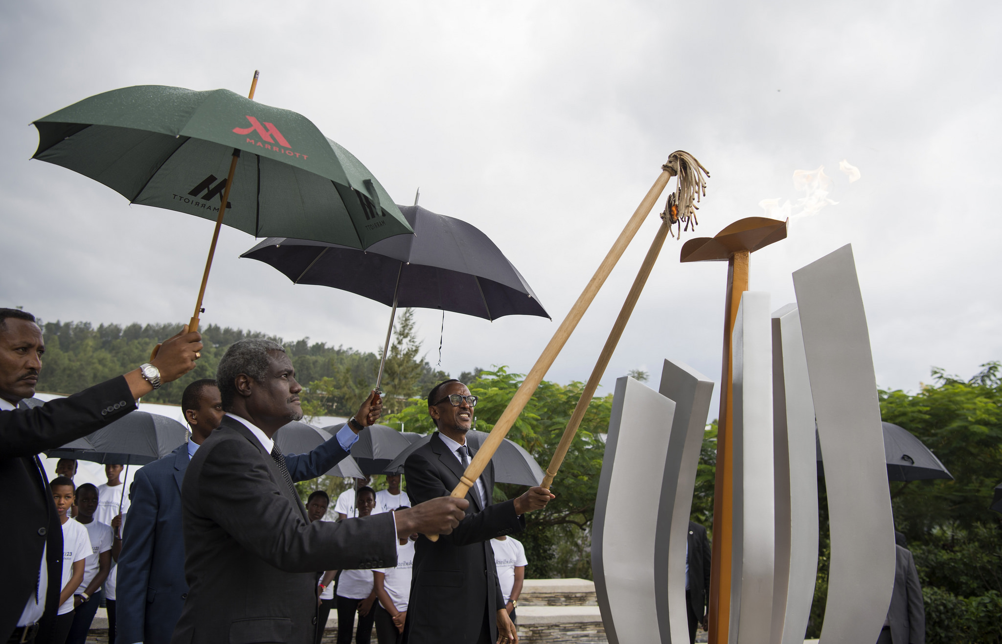 President Paul Kagame and the AU Chairperson Moussa Fakito lighting  the flame of remembrance today at Gisozi memorial.