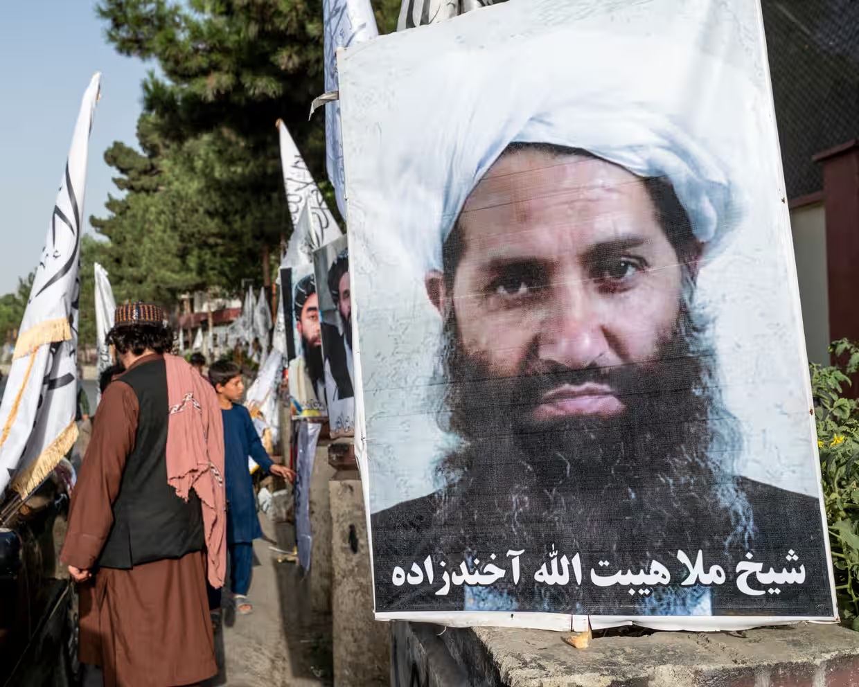 A poster in Kabul of the Taliban’s supreme leader, Haibatullah Akhundzada. The ICC’s arrest warrants name him and Afghanistan’s chief justice, Abdul Hakim Haqqani.