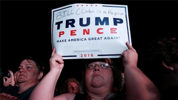 VA Trump supporter holds up a sign at a campaign rally in Florida