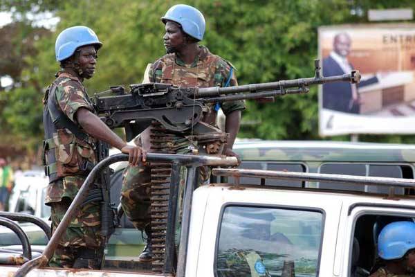 UN soldiers on a military pickup truck in Beni in the Democratic Republic of Congo (DRC) on October 23, 2014. Three people were killed in Bukavu in eastern Democratic Republic of Congo after a bomb exploded in their car late Friday, officials said.