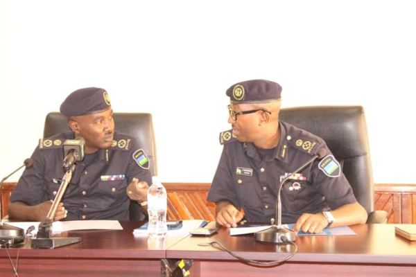 ACP Theos Badege, Commissioner for CID alongside Police Spokesperson, ACP Celestin Twahirwa during a press briefing yesterday .