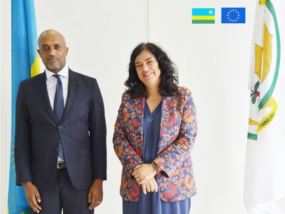 EU Ambassador Belén Calvo Uyarra (right) with Rwanda's Minister of Justice, Dr. Emmanuel Ugirashebuja. 