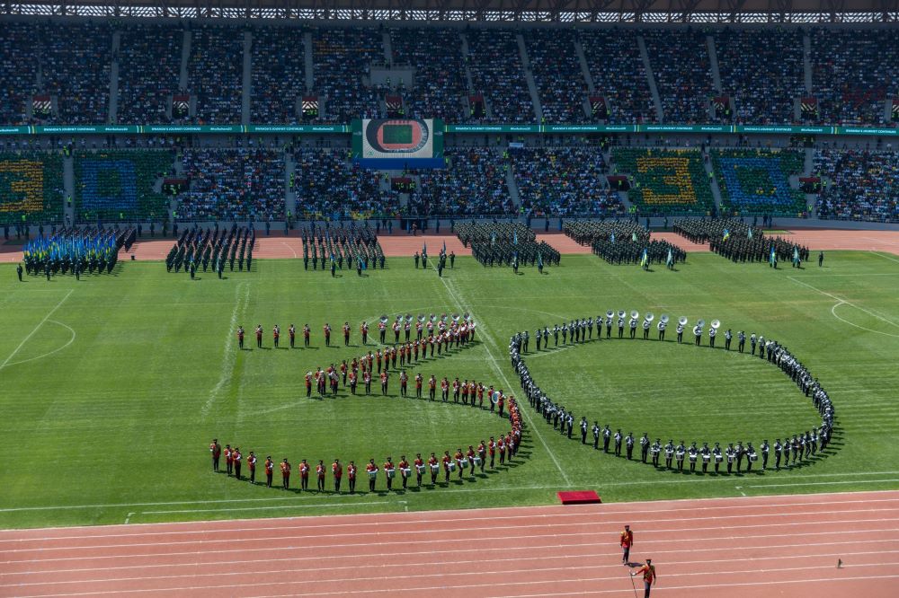 The Army band positioned in a 30-format potrait signifying the 30 years since Rwanda's Liberation