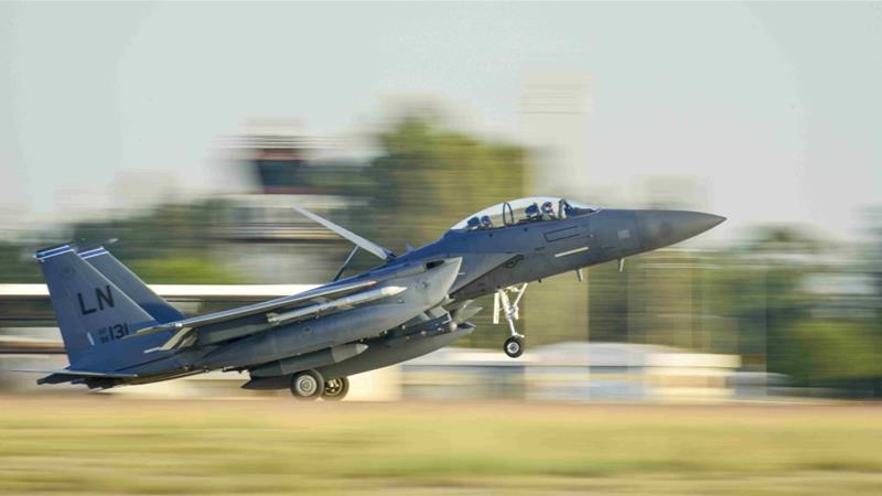 The Pentagon said a US F-15 aircraft flying over Syrian territory fired on the drone, which was armed